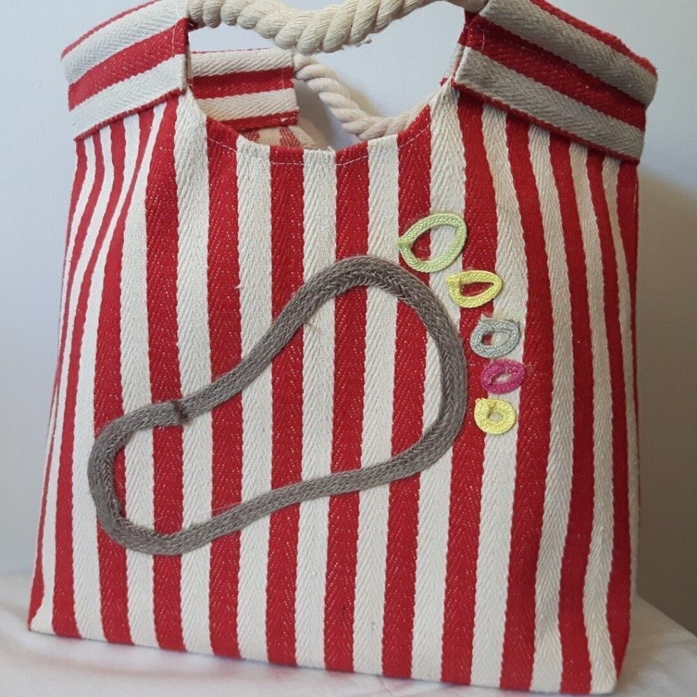 RED WHITE striped canvas BEACH tote NAUTICAL rope handles footprint sand bag